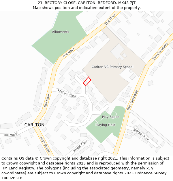 21, RECTORY CLOSE, CARLTON, BEDFORD, MK43 7JT: Location map and indicative extent of plot