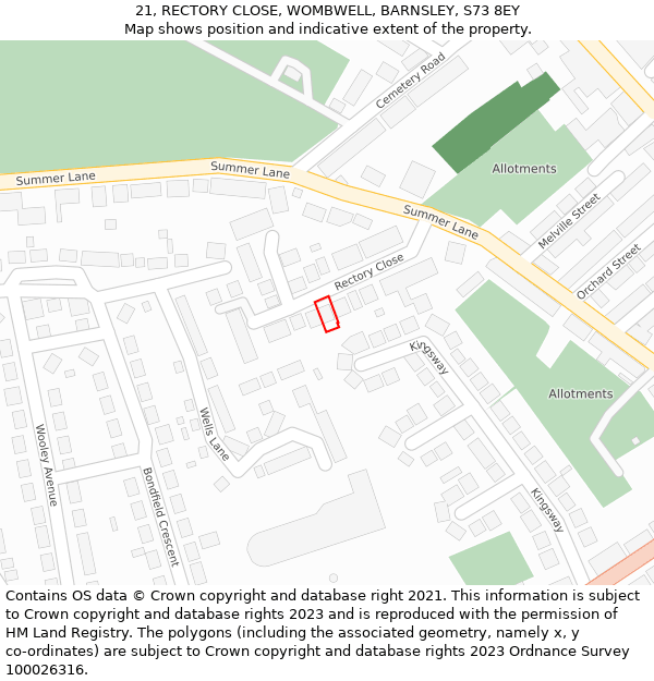 21, RECTORY CLOSE, WOMBWELL, BARNSLEY, S73 8EY: Location map and indicative extent of plot