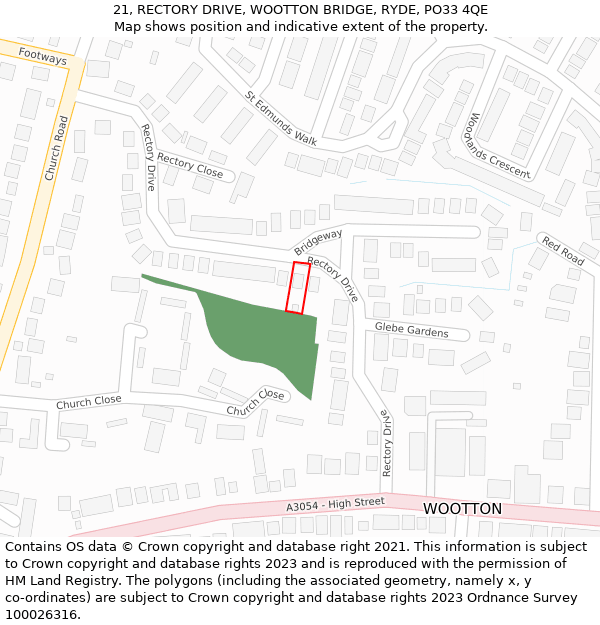 21, RECTORY DRIVE, WOOTTON BRIDGE, RYDE, PO33 4QE: Location map and indicative extent of plot