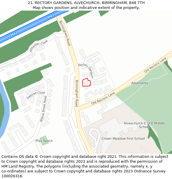 21, RECTORY GARDENS, ALVECHURCH, BIRMINGHAM, B48 7TH: Location map and indicative extent of plot