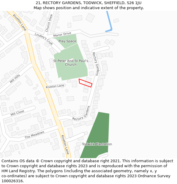 21, RECTORY GARDENS, TODWICK, SHEFFIELD, S26 1JU: Location map and indicative extent of plot