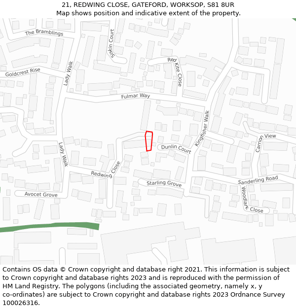 21, REDWING CLOSE, GATEFORD, WORKSOP, S81 8UR: Location map and indicative extent of plot