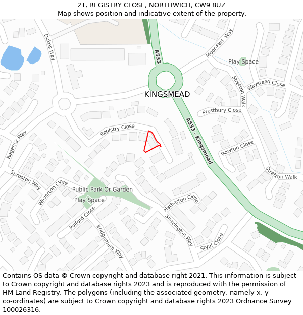 21, REGISTRY CLOSE, NORTHWICH, CW9 8UZ: Location map and indicative extent of plot