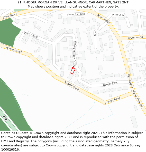 21, RHODFA MORGAN DRIVE, LLANGUNNOR, CARMARTHEN, SA31 2NT: Location map and indicative extent of plot