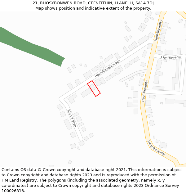 21, RHOSYBONWEN ROAD, CEFNEITHIN, LLANELLI, SA14 7DJ: Location map and indicative extent of plot