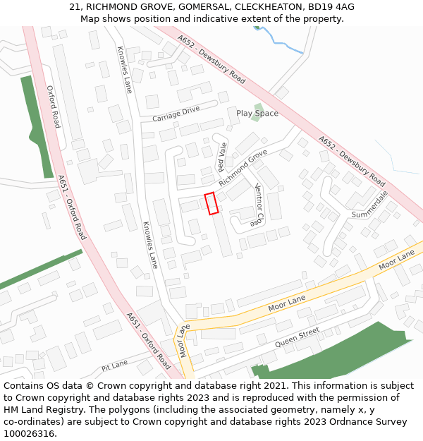 21, RICHMOND GROVE, GOMERSAL, CLECKHEATON, BD19 4AG: Location map and indicative extent of plot