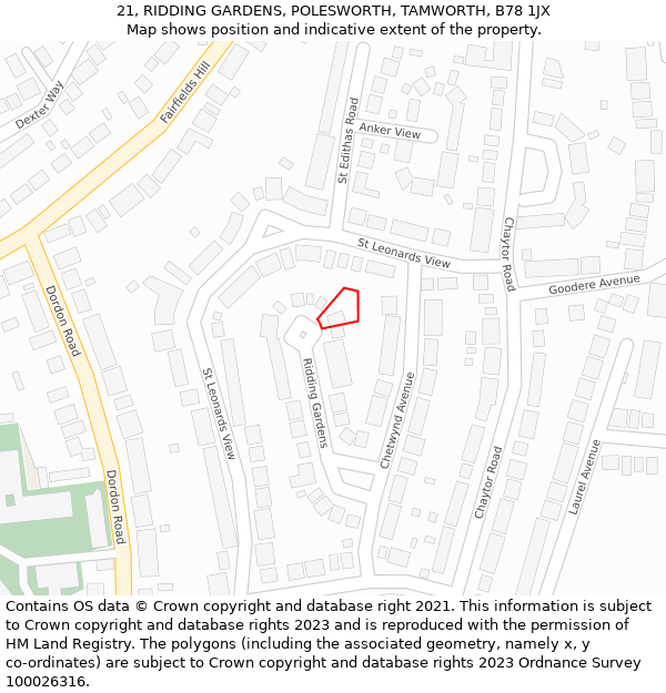 21, RIDDING GARDENS, POLESWORTH, TAMWORTH, B78 1JX: Location map and indicative extent of plot