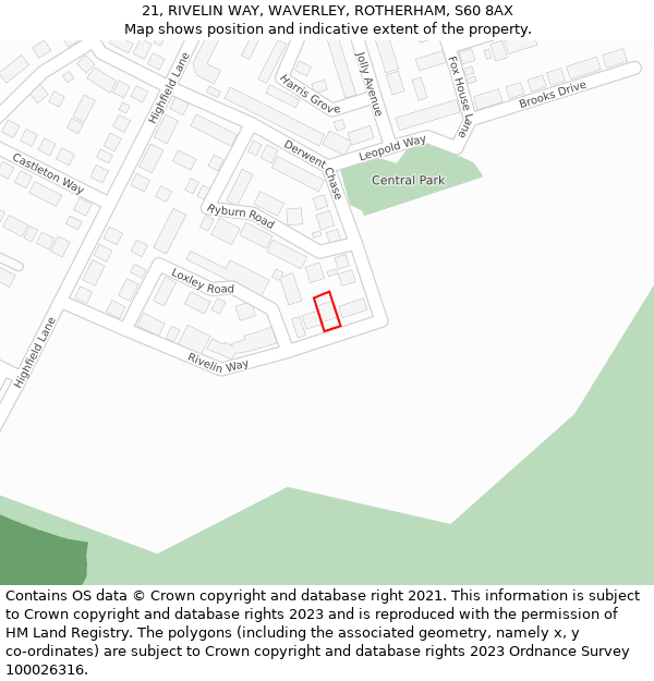 21, RIVELIN WAY, WAVERLEY, ROTHERHAM, S60 8AX: Location map and indicative extent of plot