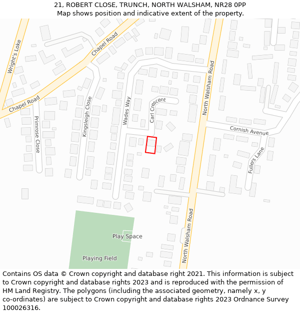 21, ROBERT CLOSE, TRUNCH, NORTH WALSHAM, NR28 0PP: Location map and indicative extent of plot