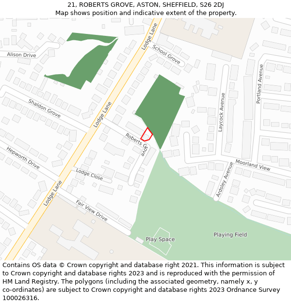 21, ROBERTS GROVE, ASTON, SHEFFIELD, S26 2DJ: Location map and indicative extent of plot