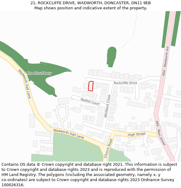 21, ROCKCLIFFE DRIVE, WADWORTH, DONCASTER, DN11 9EB: Location map and indicative extent of plot