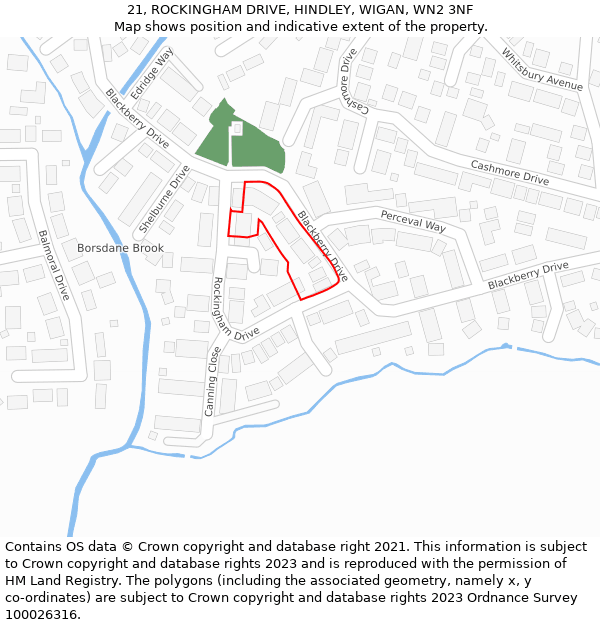 21, ROCKINGHAM DRIVE, HINDLEY, WIGAN, WN2 3NF: Location map and indicative extent of plot