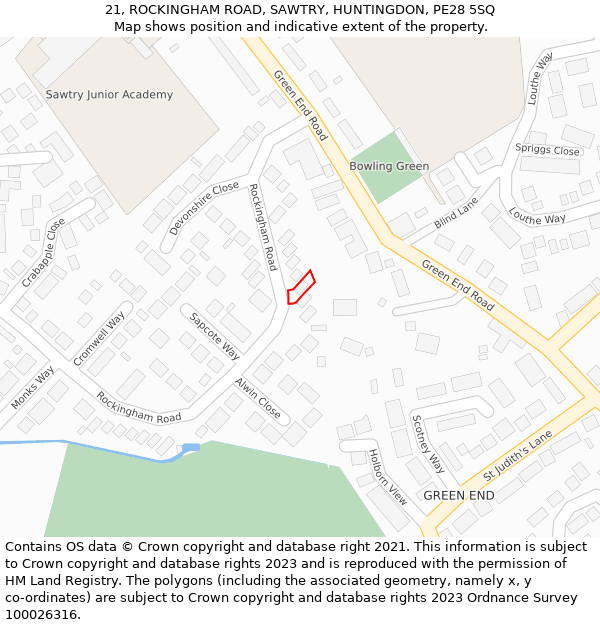 21, ROCKINGHAM ROAD, SAWTRY, HUNTINGDON, PE28 5SQ: Location map and indicative extent of plot