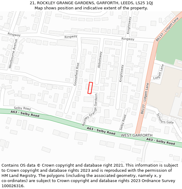 21, ROCKLEY GRANGE GARDENS, GARFORTH, LEEDS, LS25 1QJ: Location map and indicative extent of plot