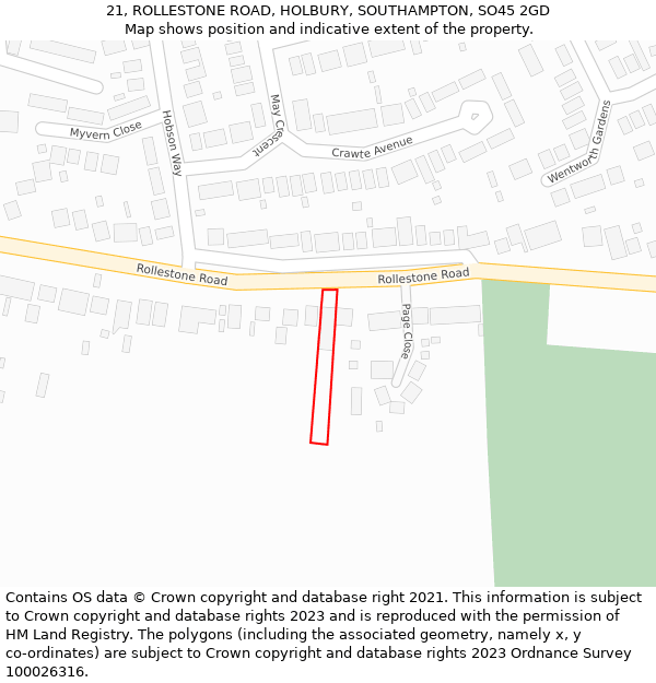 21, ROLLESTONE ROAD, HOLBURY, SOUTHAMPTON, SO45 2GD: Location map and indicative extent of plot