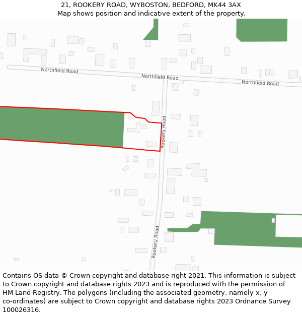 21, ROOKERY ROAD, WYBOSTON, BEDFORD, MK44 3AX: Location map and indicative extent of plot