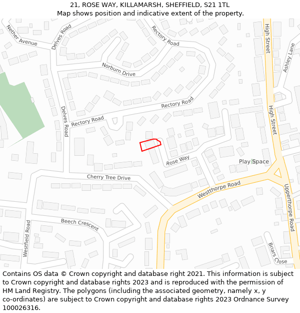 21, ROSE WAY, KILLAMARSH, SHEFFIELD, S21 1TL: Location map and indicative extent of plot