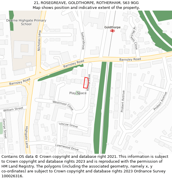 21, ROSEGREAVE, GOLDTHORPE, ROTHERHAM, S63 9GG: Location map and indicative extent of plot