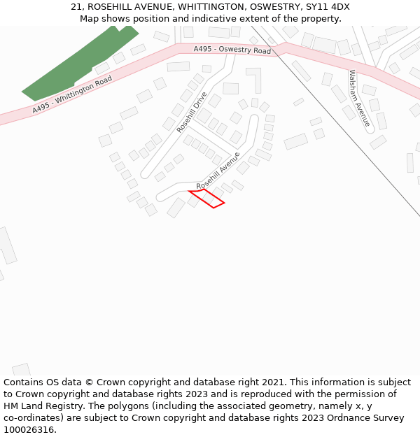 21, ROSEHILL AVENUE, WHITTINGTON, OSWESTRY, SY11 4DX: Location map and indicative extent of plot