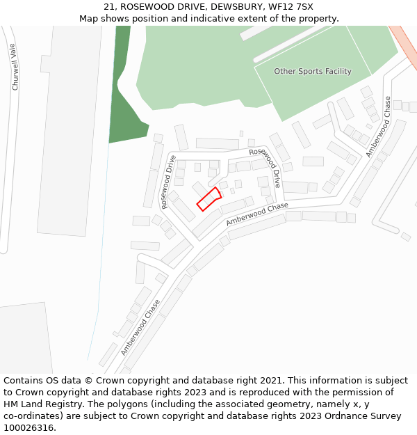 21, ROSEWOOD DRIVE, DEWSBURY, WF12 7SX: Location map and indicative extent of plot