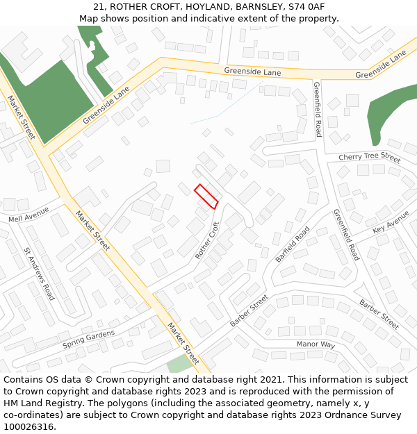 21, ROTHER CROFT, HOYLAND, BARNSLEY, S74 0AF: Location map and indicative extent of plot