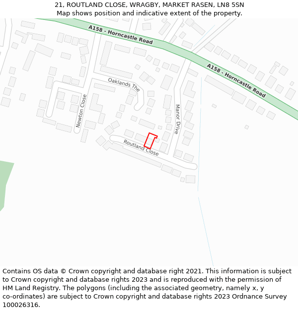 21, ROUTLAND CLOSE, WRAGBY, MARKET RASEN, LN8 5SN: Location map and indicative extent of plot