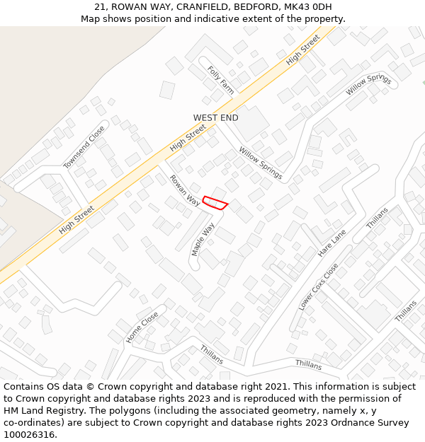 21, ROWAN WAY, CRANFIELD, BEDFORD, MK43 0DH: Location map and indicative extent of plot