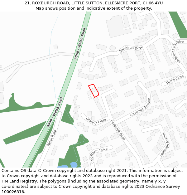 21, ROXBURGH ROAD, LITTLE SUTTON, ELLESMERE PORT, CH66 4YU: Location map and indicative extent of plot