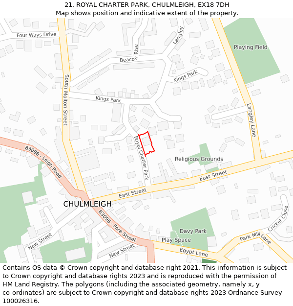 21, ROYAL CHARTER PARK, CHULMLEIGH, EX18 7DH: Location map and indicative extent of plot