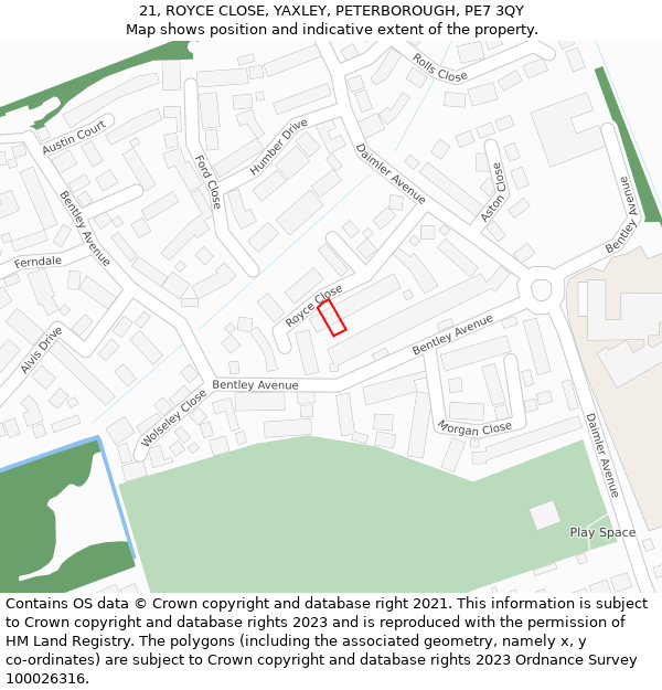 21, ROYCE CLOSE, YAXLEY, PETERBOROUGH, PE7 3QY: Location map and indicative extent of plot