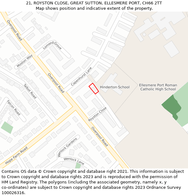 21, ROYSTON CLOSE, GREAT SUTTON, ELLESMERE PORT, CH66 2TT: Location map and indicative extent of plot