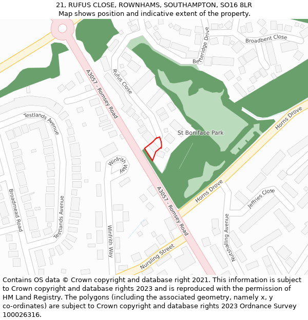 21, RUFUS CLOSE, ROWNHAMS, SOUTHAMPTON, SO16 8LR: Location map and indicative extent of plot