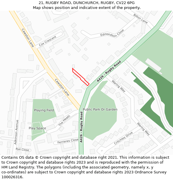 21, RUGBY ROAD, DUNCHURCH, RUGBY, CV22 6PG: Location map and indicative extent of plot