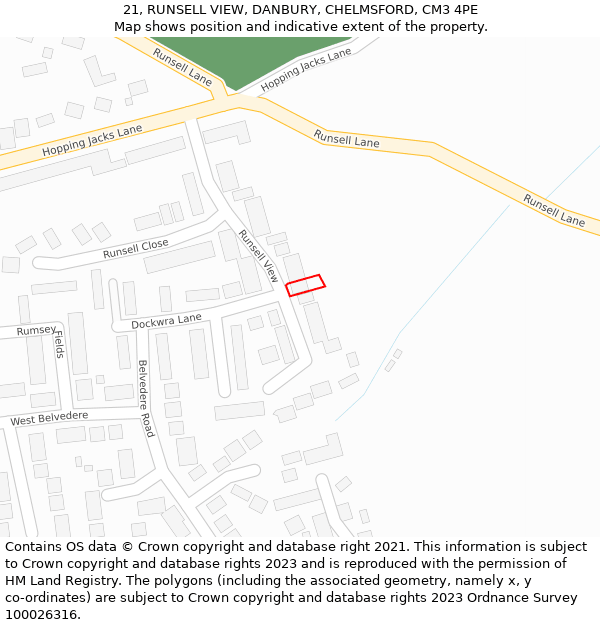 21, RUNSELL VIEW, DANBURY, CHELMSFORD, CM3 4PE: Location map and indicative extent of plot