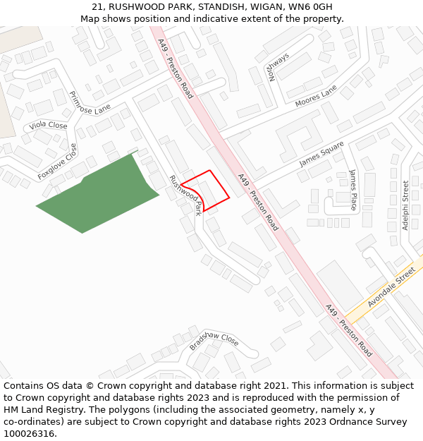 21, RUSHWOOD PARK, STANDISH, WIGAN, WN6 0GH: Location map and indicative extent of plot