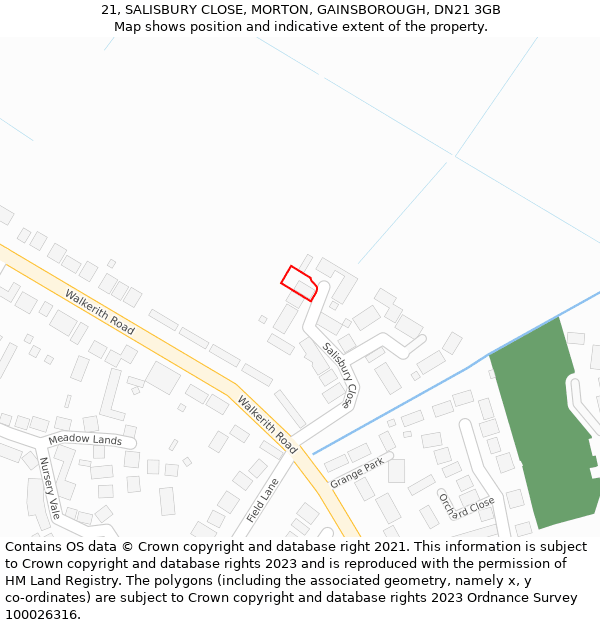 21, SALISBURY CLOSE, MORTON, GAINSBOROUGH, DN21 3GB: Location map and indicative extent of plot