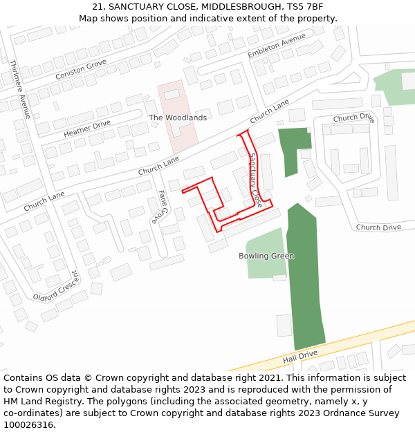 21, SANCTUARY CLOSE, MIDDLESBROUGH, TS5 7BF: Location map and indicative extent of plot