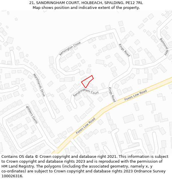 21, SANDRINGHAM COURT, HOLBEACH, SPALDING, PE12 7RL: Location map and indicative extent of plot