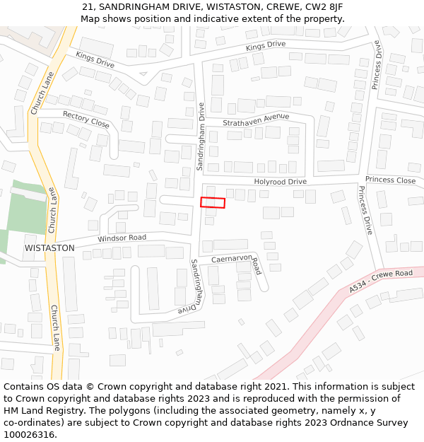 21, SANDRINGHAM DRIVE, WISTASTON, CREWE, CW2 8JF: Location map and indicative extent of plot