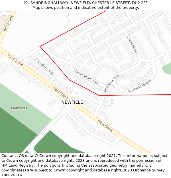 21, SANDRINGHAM WAY, NEWFIELD, CHESTER LE STREET, DH2 2FE: Location map and indicative extent of plot