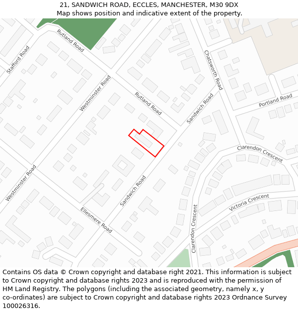 21, SANDWICH ROAD, ECCLES, MANCHESTER, M30 9DX: Location map and indicative extent of plot