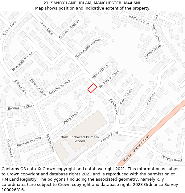 21, SANDY LANE, IRLAM, MANCHESTER, M44 6NL: Location map and indicative extent of plot