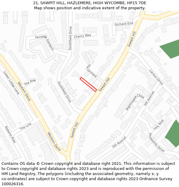 21, SAWPIT HILL, HAZLEMERE, HIGH WYCOMBE, HP15 7DE: Location map and indicative extent of plot