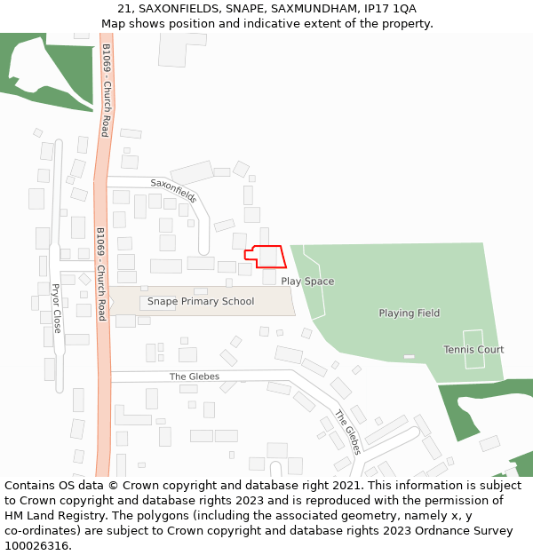 21, SAXONFIELDS, SNAPE, SAXMUNDHAM, IP17 1QA: Location map and indicative extent of plot