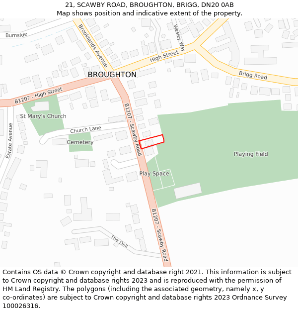 21, SCAWBY ROAD, BROUGHTON, BRIGG, DN20 0AB: Location map and indicative extent of plot