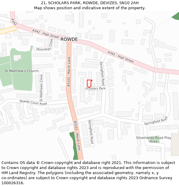21, SCHOLARS PARK, ROWDE, DEVIZES, SN10 2AH: Location map and indicative extent of plot