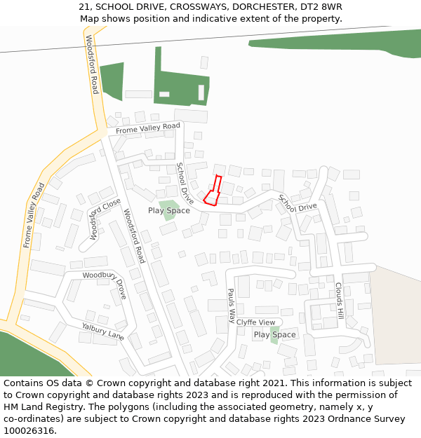 21, SCHOOL DRIVE, CROSSWAYS, DORCHESTER, DT2 8WR: Location map and indicative extent of plot