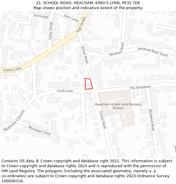21, SCHOOL ROAD, HEACHAM, KING'S LYNN, PE31 7DE: Location map and indicative extent of plot