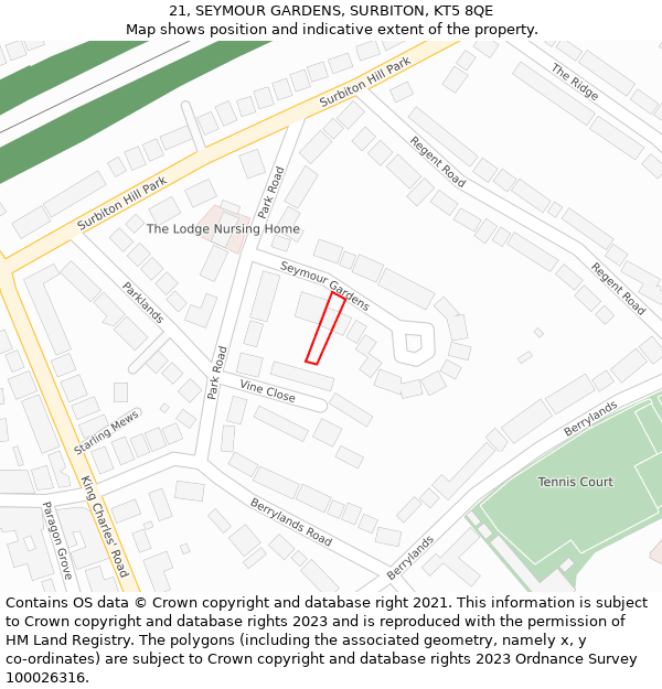 21, SEYMOUR GARDENS, SURBITON, KT5 8QE: Location map and indicative extent of plot