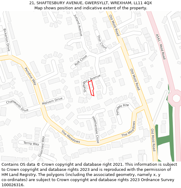 21, SHAFTESBURY AVENUE, GWERSYLLT, WREXHAM, LL11 4QX: Location map and indicative extent of plot